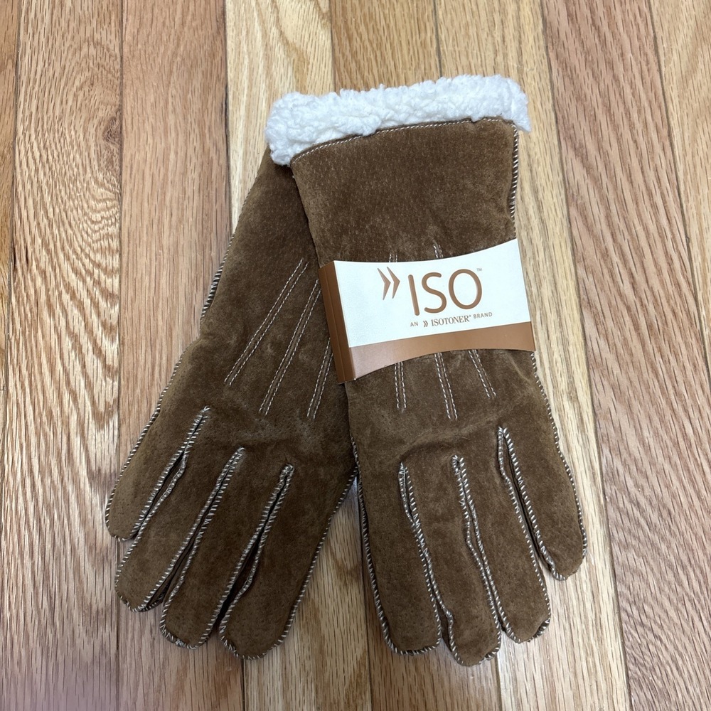 NWT ISO by Isotoner Women's Brown Suede Gloves with Moccasin Stitch Size Large